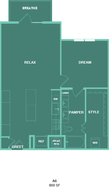 Floor plan for 1 bed, 1 bath, 869 sqft